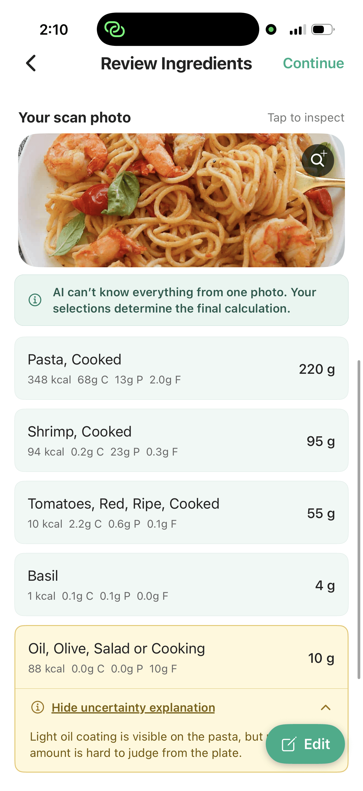 NutriLab review screen with an uncertain cooking oil estimate