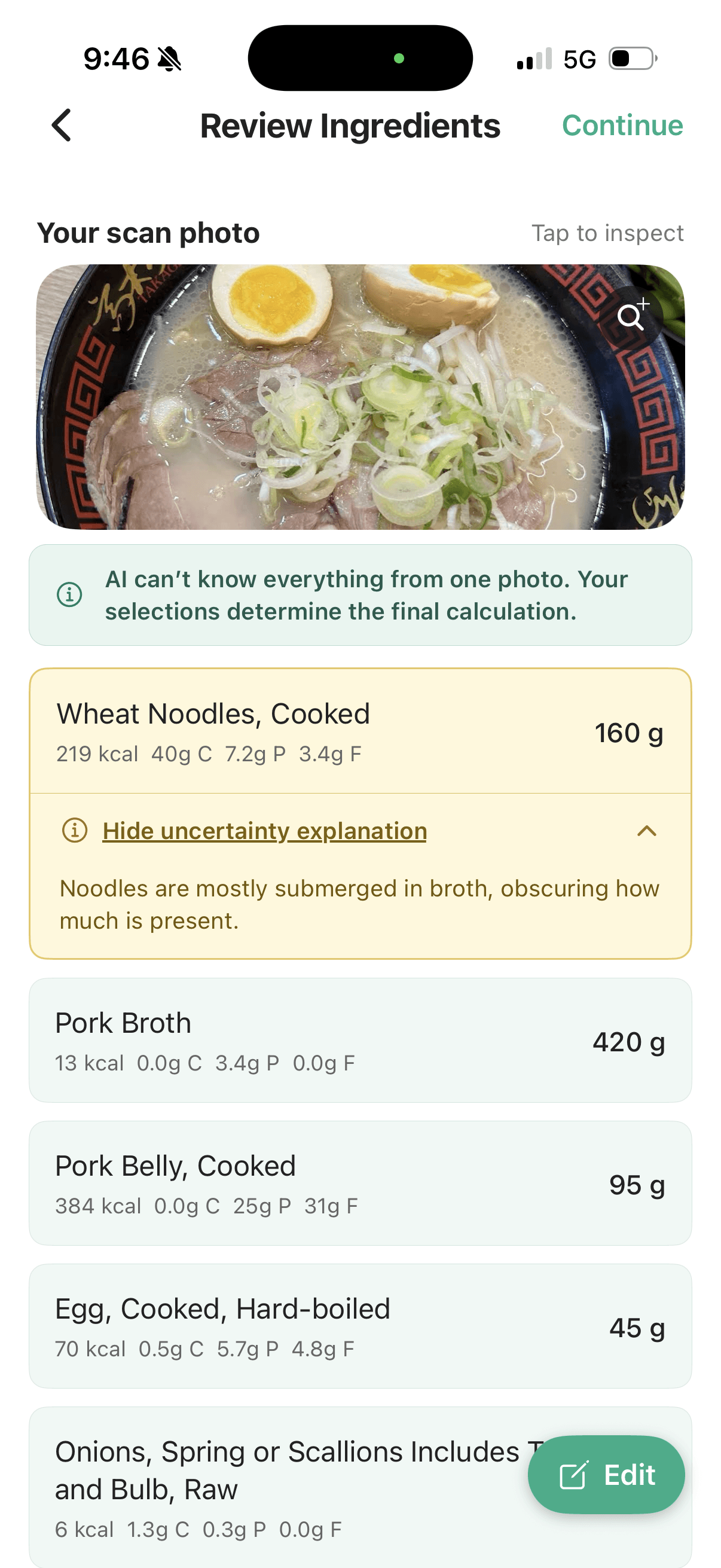 Review screen explaining why a noodle portion is uncertain