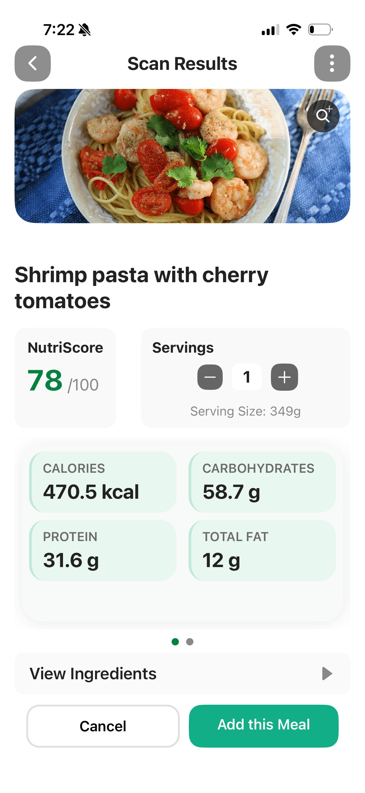 NutriLab meal results with calories and macros