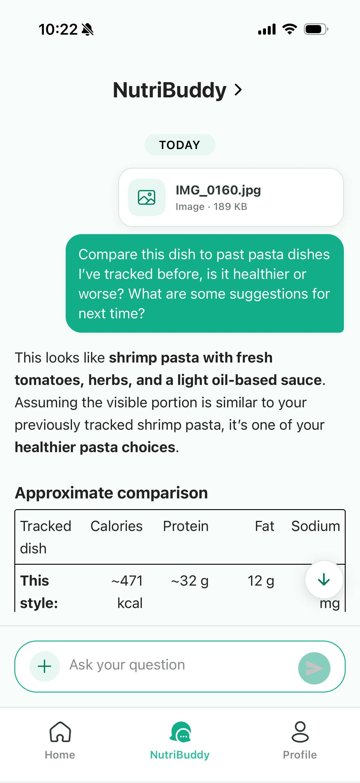 NutriBuddy comparing a meal with previously tracked food