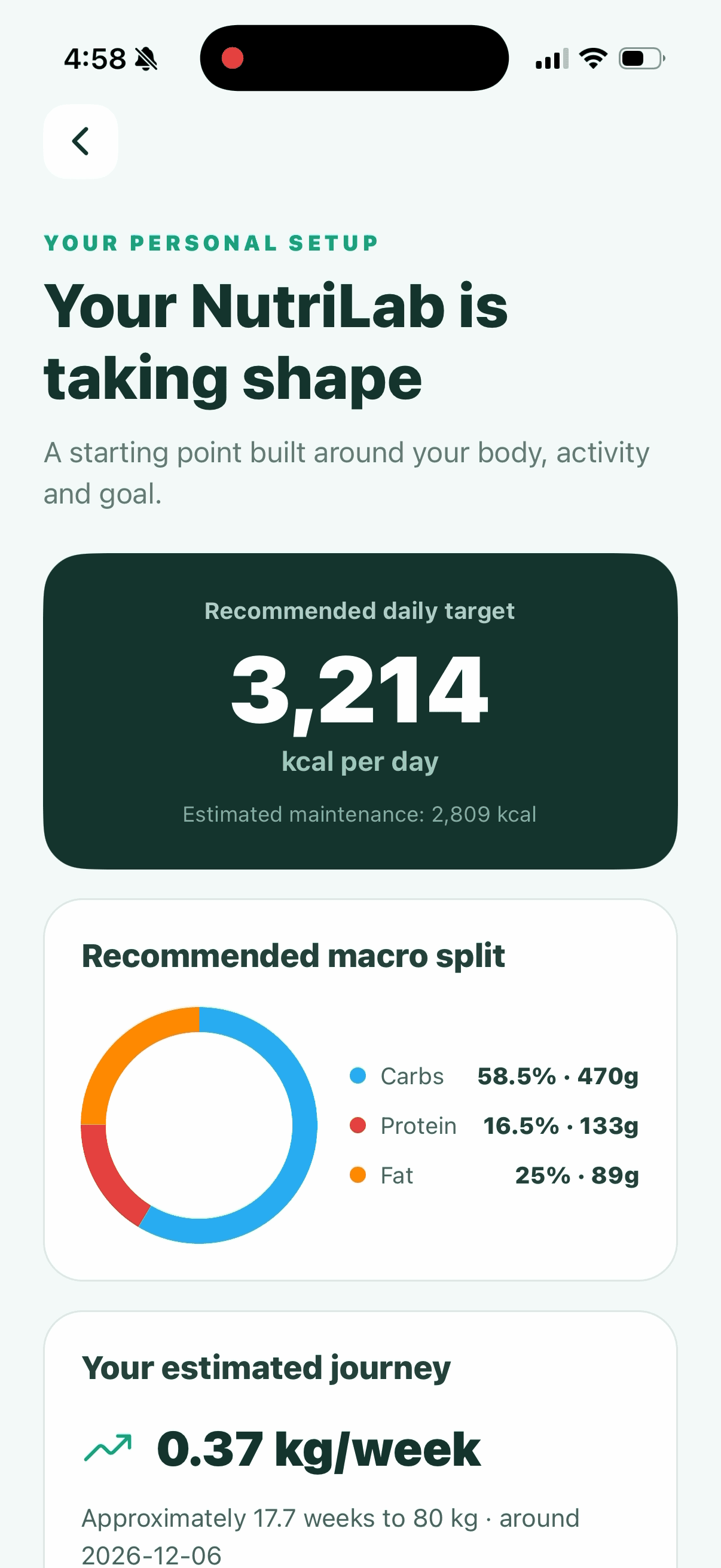 NutriLab personalised calorie and macro plan