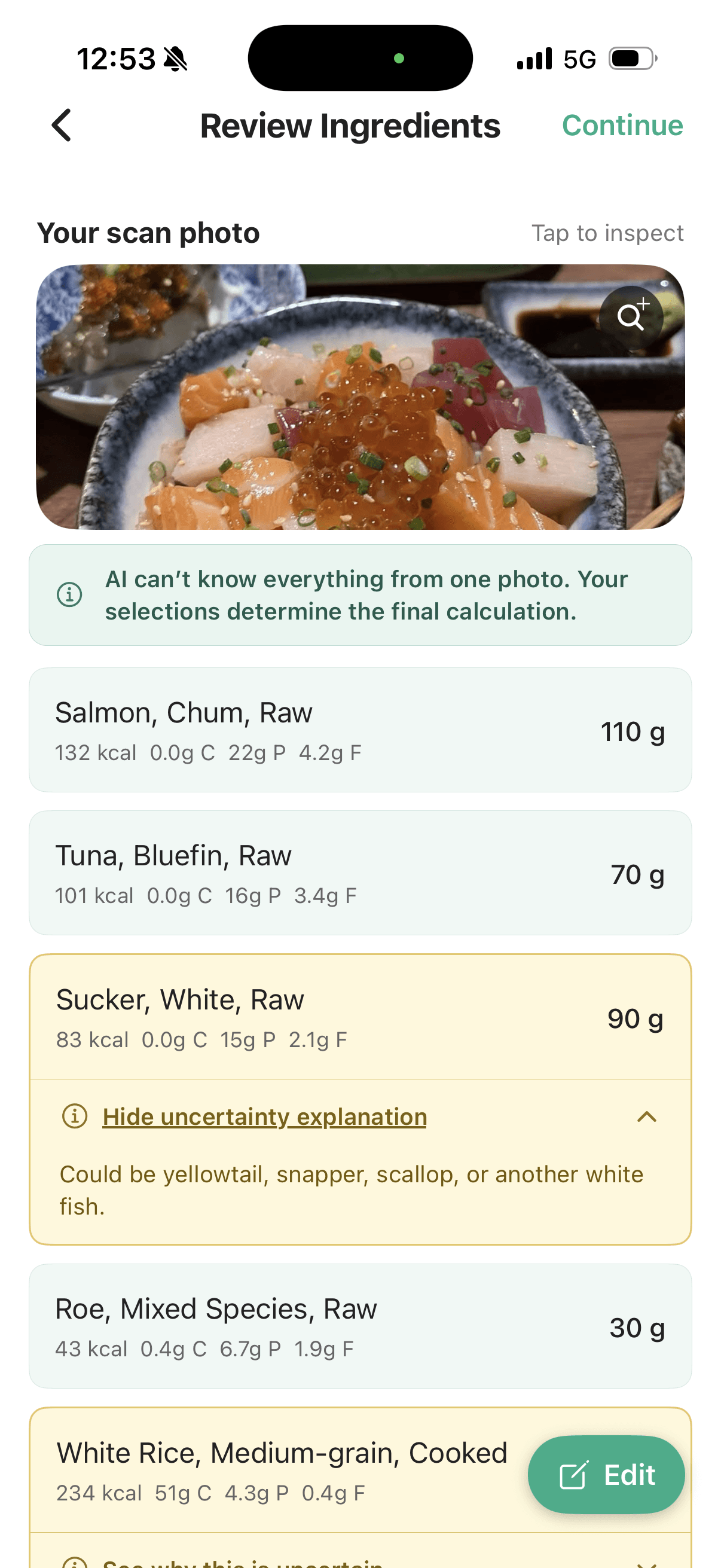 NutriLab flagging uncertain ingredients in a sashimi bowl